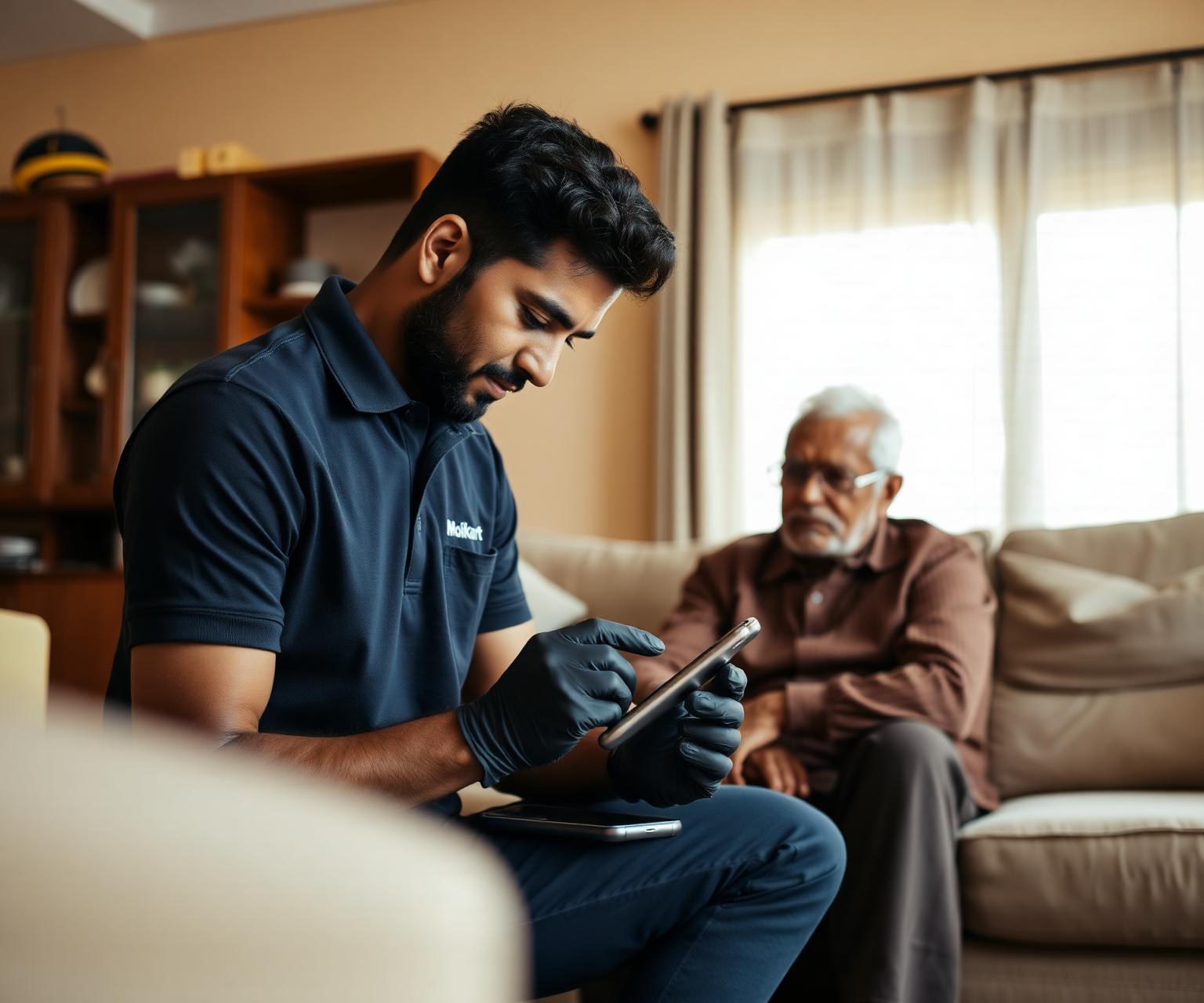 MobileKart technician assisting an elderly customer with phone repair